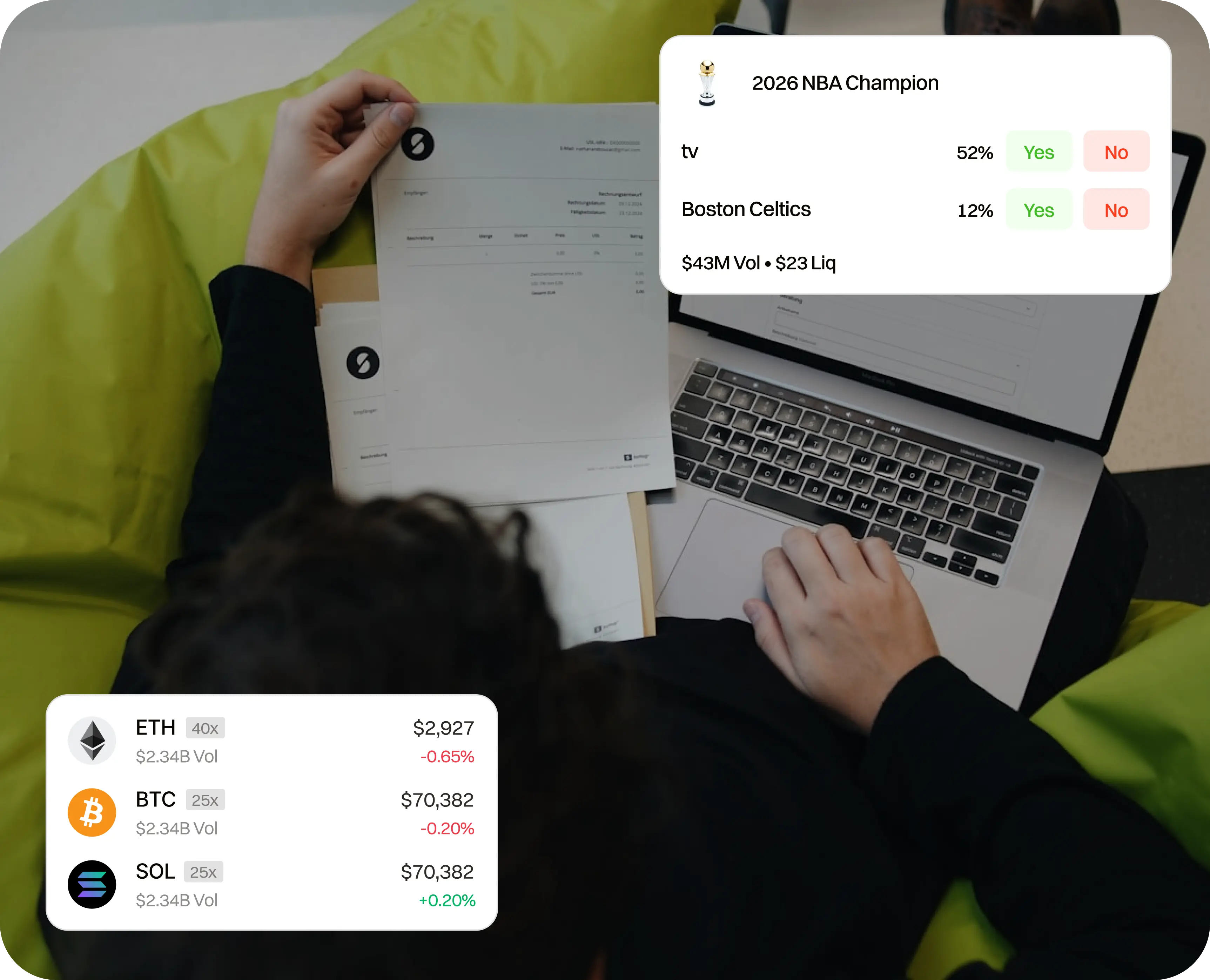 Photo — person planning with laptop, prediction-market cards overlaid