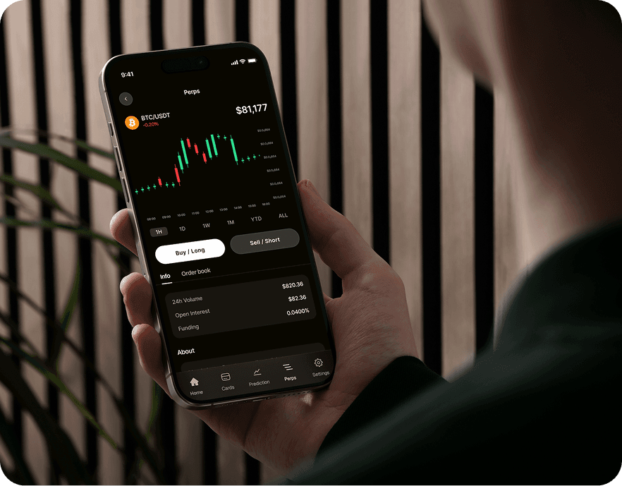 Photo — phone showing the BTC chart, blinds in the background