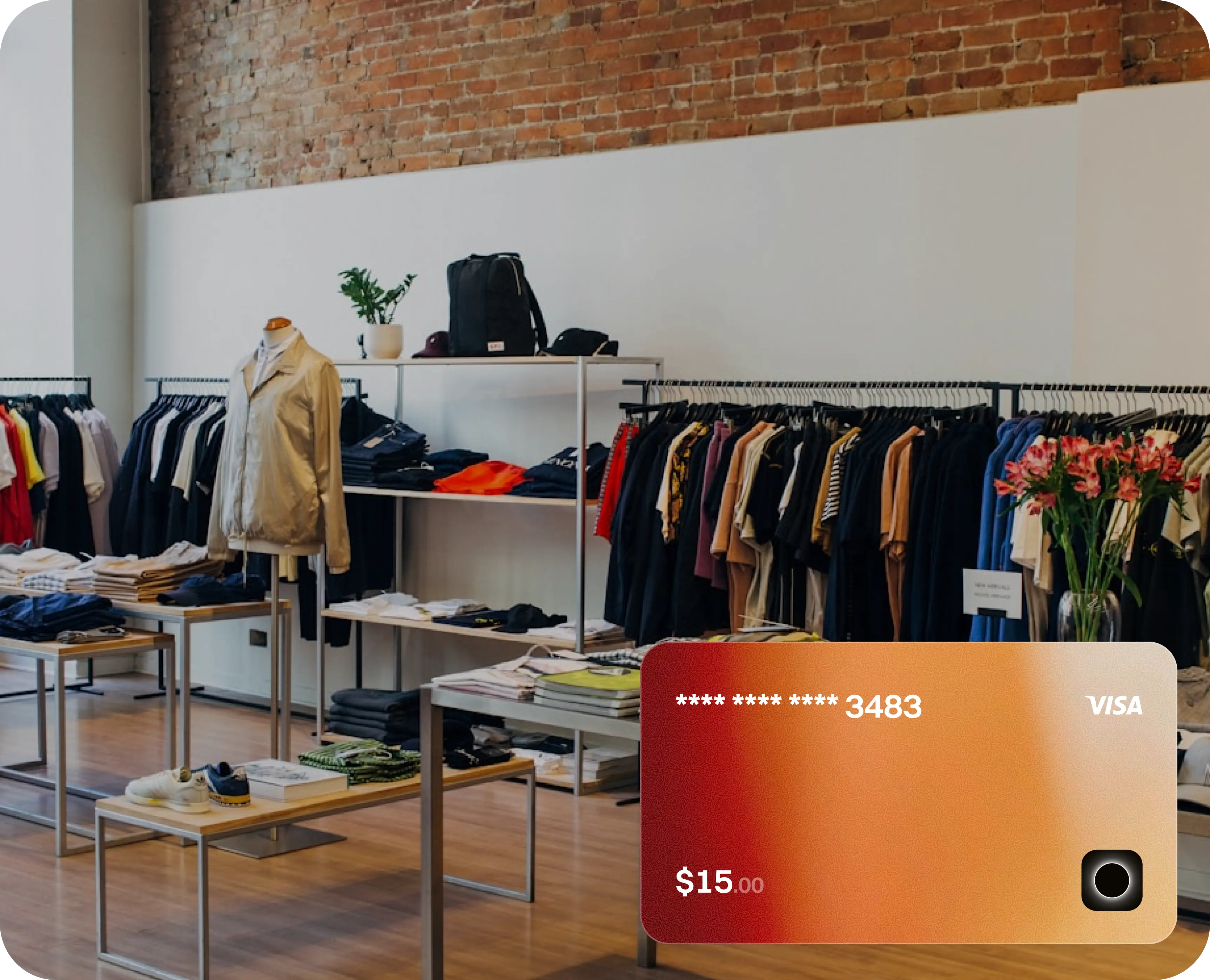 Photo — retail store interior, Kolan virtual card overlaid